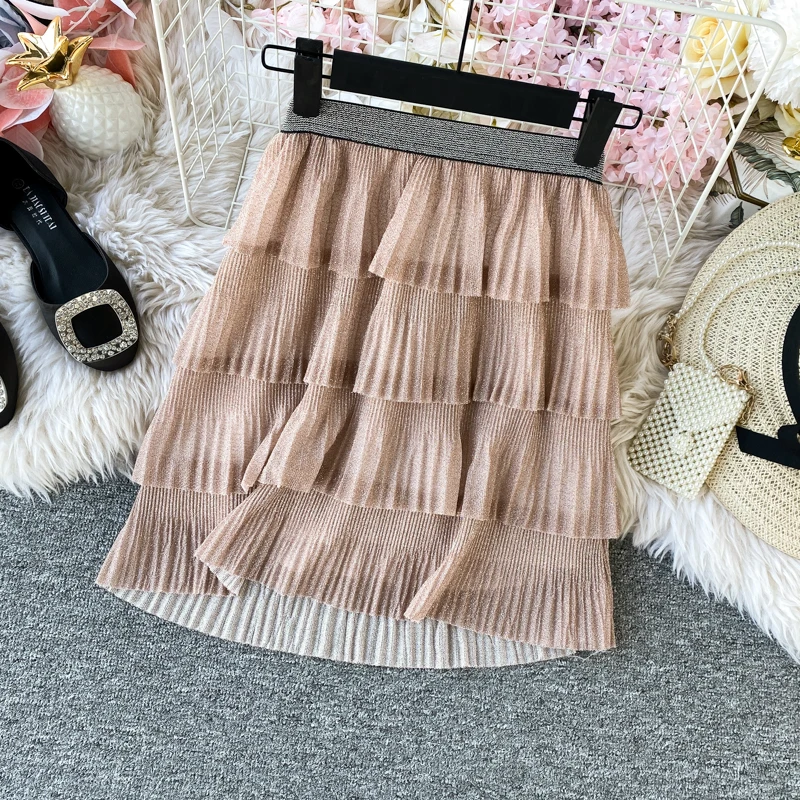 Летняя шикарная Ретро короткая юбка металлик Cakee многослойная плиссированная