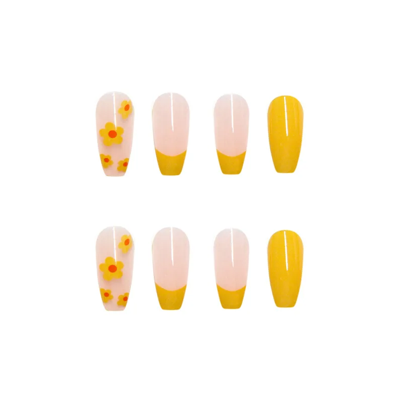 

24pcs Daisies Printed Nail Patch Glue Type Removable Long Paragraph Fashion Manicure Wearable False Nails Patch Nail Tips