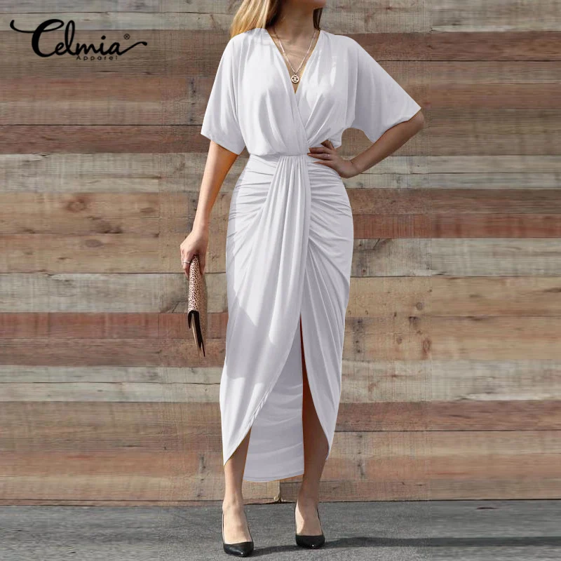 

Elegant Women's Maxi Dress 2021 Celmia Fashion Summer Short Sleeve Deep V-Neck Sexy Party Sundress Casual Pleated Solid Vestidos