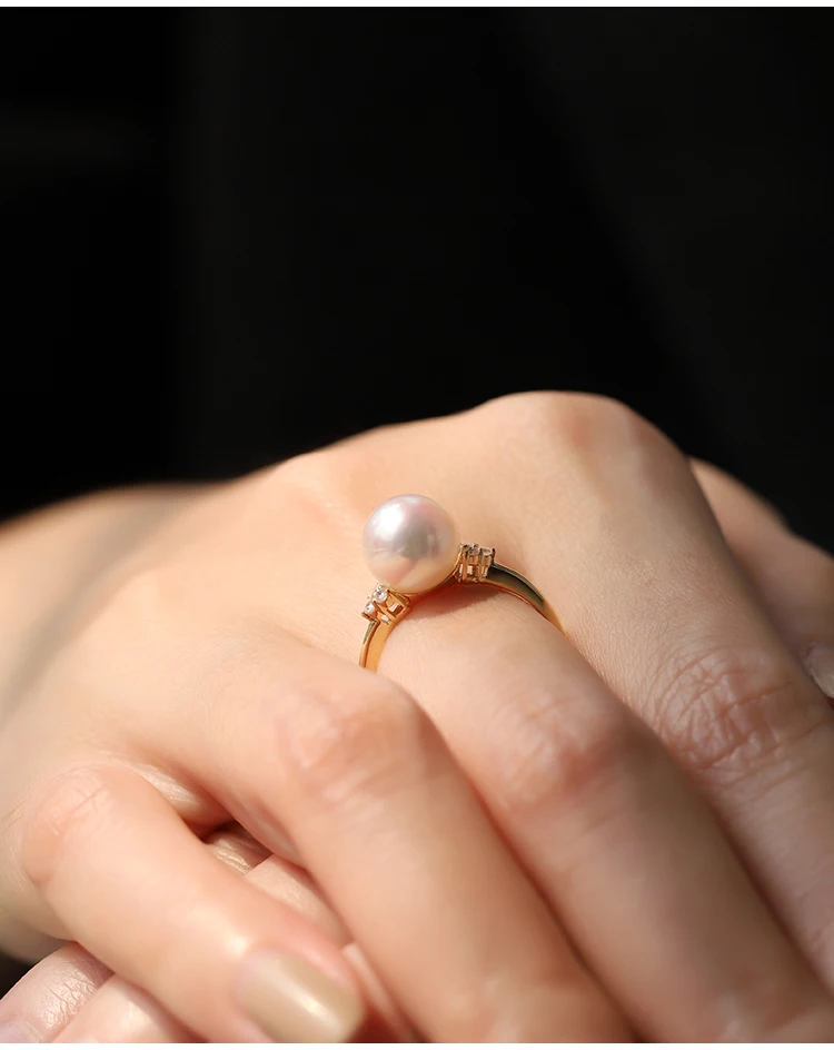 18K import Solid Yellow Gold Jewelry(AU750) Women  Single Grain Akoya Peas Weaving Diamond  ring  Natural Seawater Pearl  Lady
