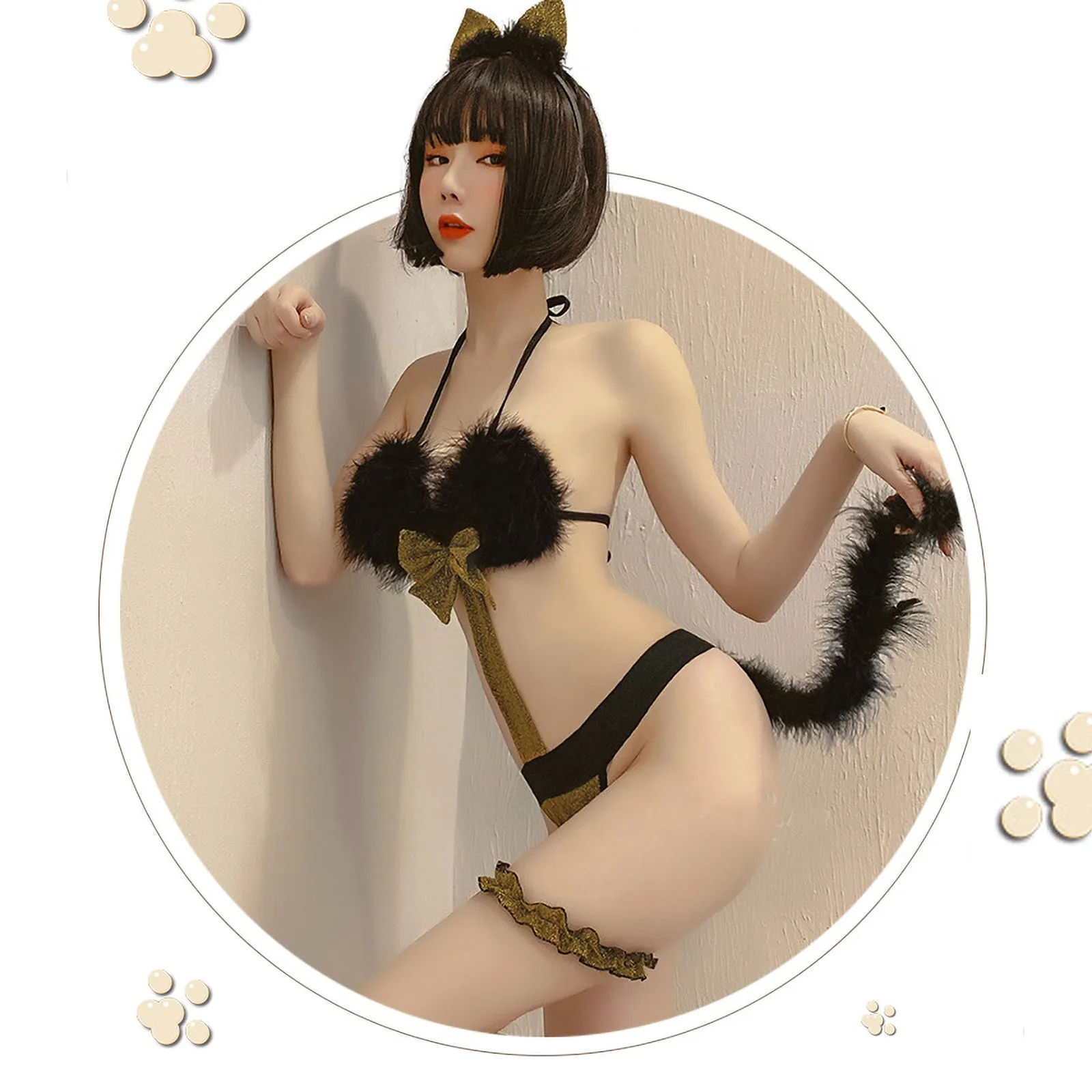 

New Sexy Underwear Cute Women 's Uniform Temptation Cat Girl Lace Strap Perspective Hot Role Play One- Piece Suit Cat Ear