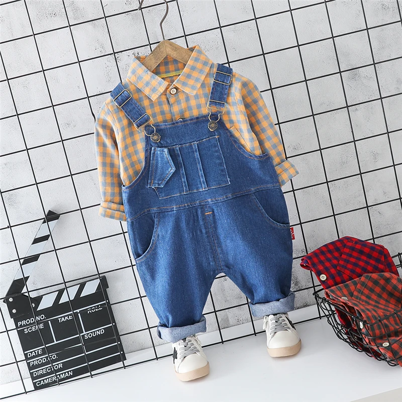 HYLKIDHUOSE 2019 Toddler Infant Clothes Suits Baby Girls Boys Clothing Sets Lapel Plaid Shirt Strap Jeans Kids Children | Детская одежда