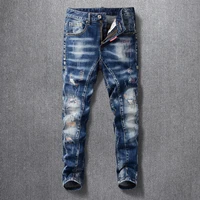 italian style fashion men jeans retro blue elastic slim ripped jeans men streetwear embroidery designer hip hop denim punk pants