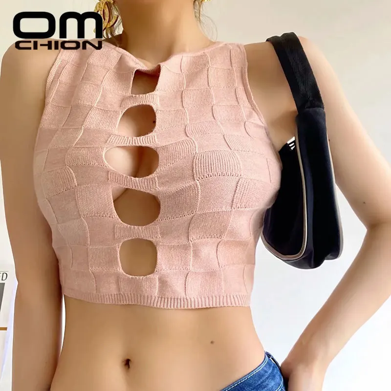 

OMCHION Sexy Style Five Holes Hollow Knitted Vest 2021 Summer O Neck Sleeveless Crop Top Women Casual Tight Chic Short Tank Top