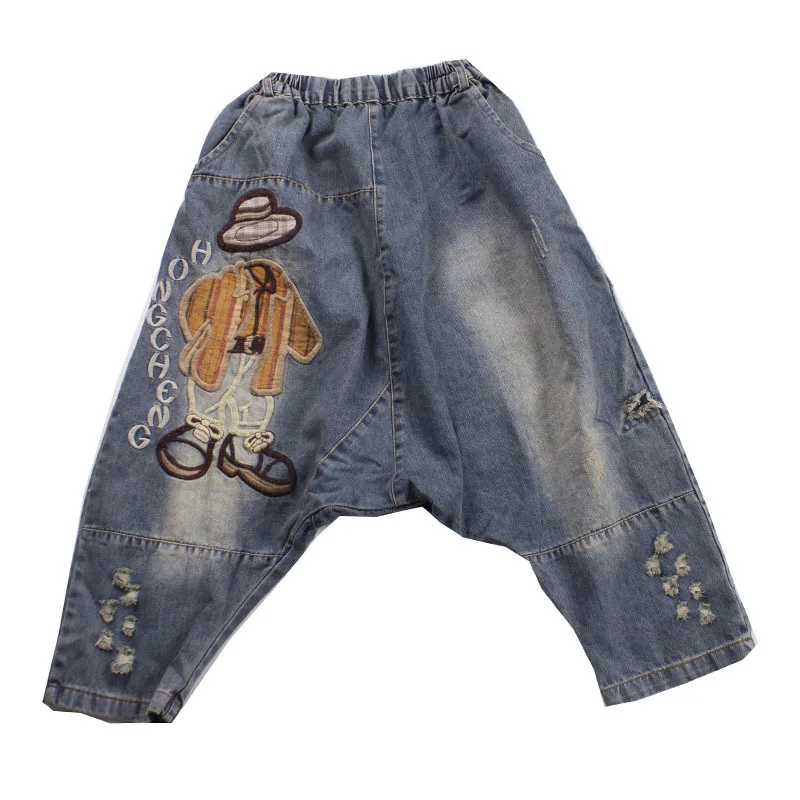 

Women Ankle Length Hip Hop Retro Denim Jeans Female Patchwork Embroidery Vintage Hole Large Size Loose Elastic Waist Cross Pants