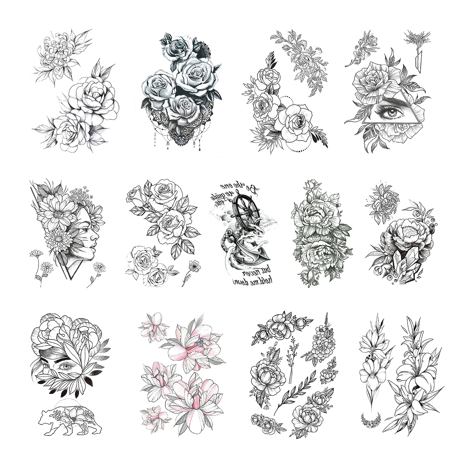 

Fashion Tattoo Sticker Temporary Black Roses Design Full Flower Arm Big Fake Tattoo Sticker Body Art Decal Temporal Tattoos