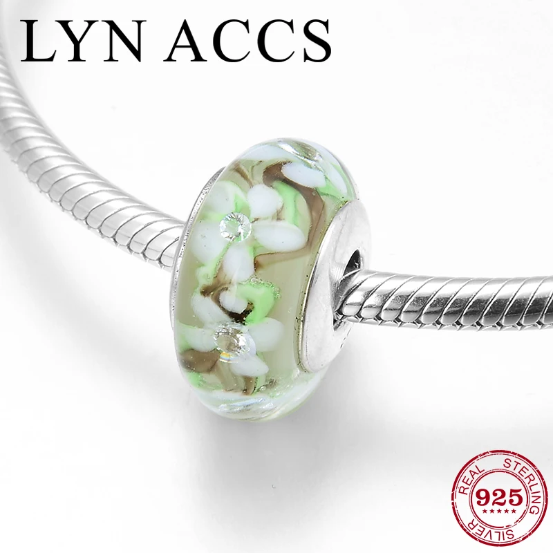 Бусины из серебра 925 пробы с зелеными и белыми цветами | Украшения аксессуары