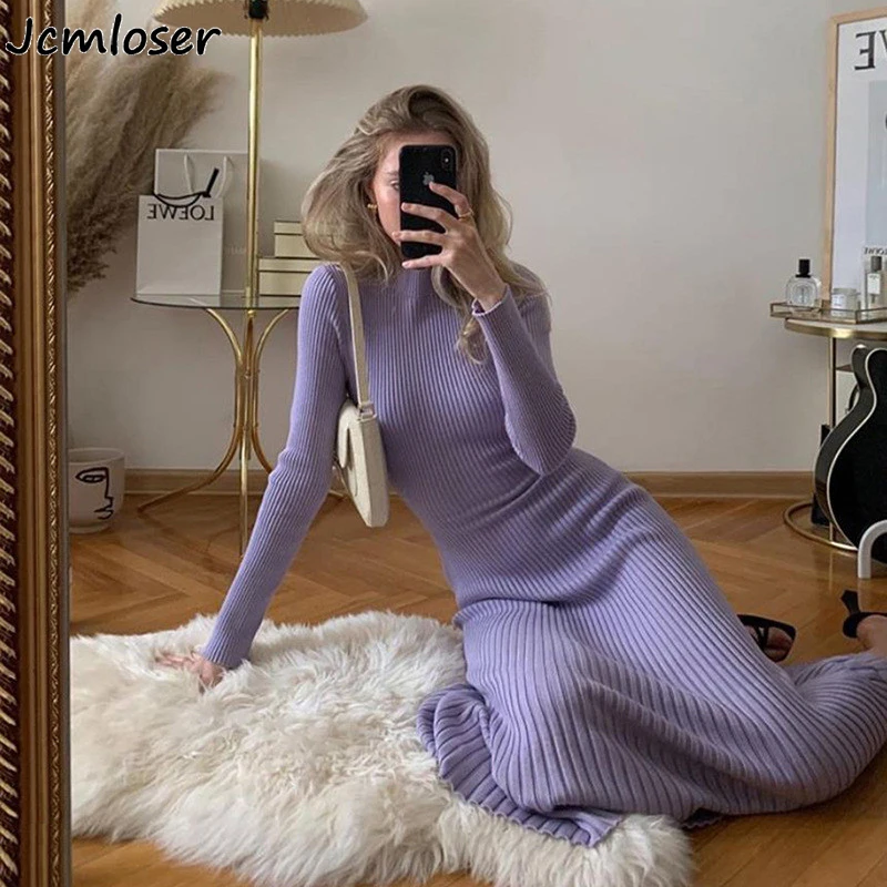 

2021New Autumn Winter Women Knitted Dress Cotton Ribbed Knitted O-Neck Long Sleeve Backless Elegant Dress Slim Bodycon Dress