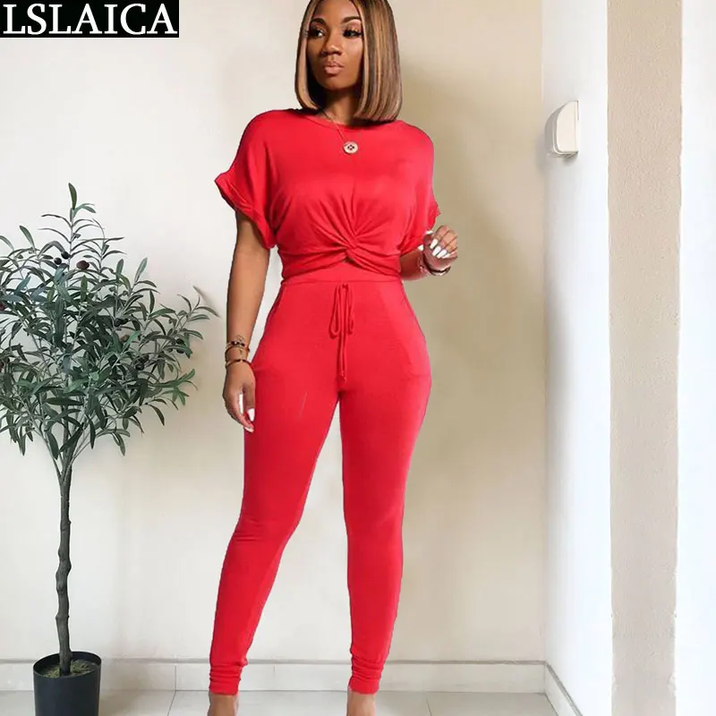 

Plus size two piece set solid color O-neck fashion casual two piece set top and pants sport wild streetwear 2 piece set women