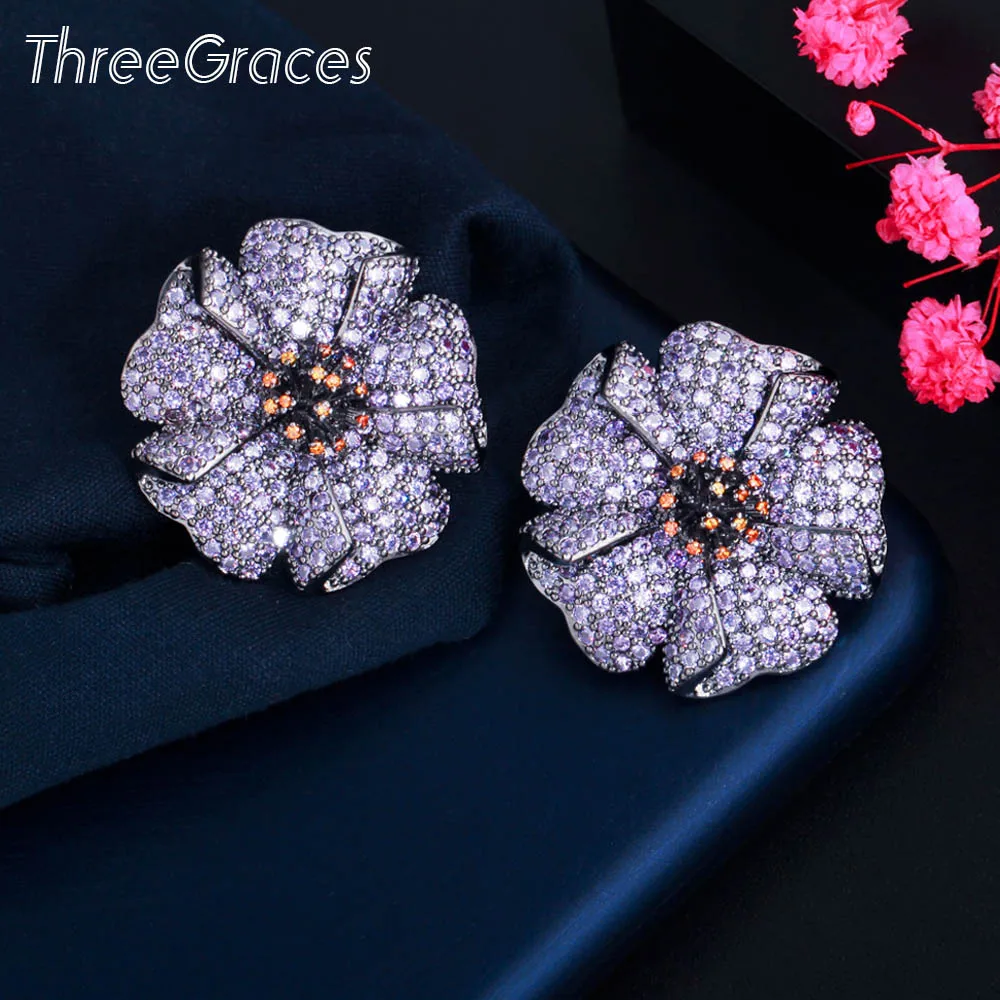 

ThreeGraces Fashion Big Purple Flower Stud Earrings for Women AAA+ Cubic Zirconia Black Gold Color Wedding Party Jewelry ER636
