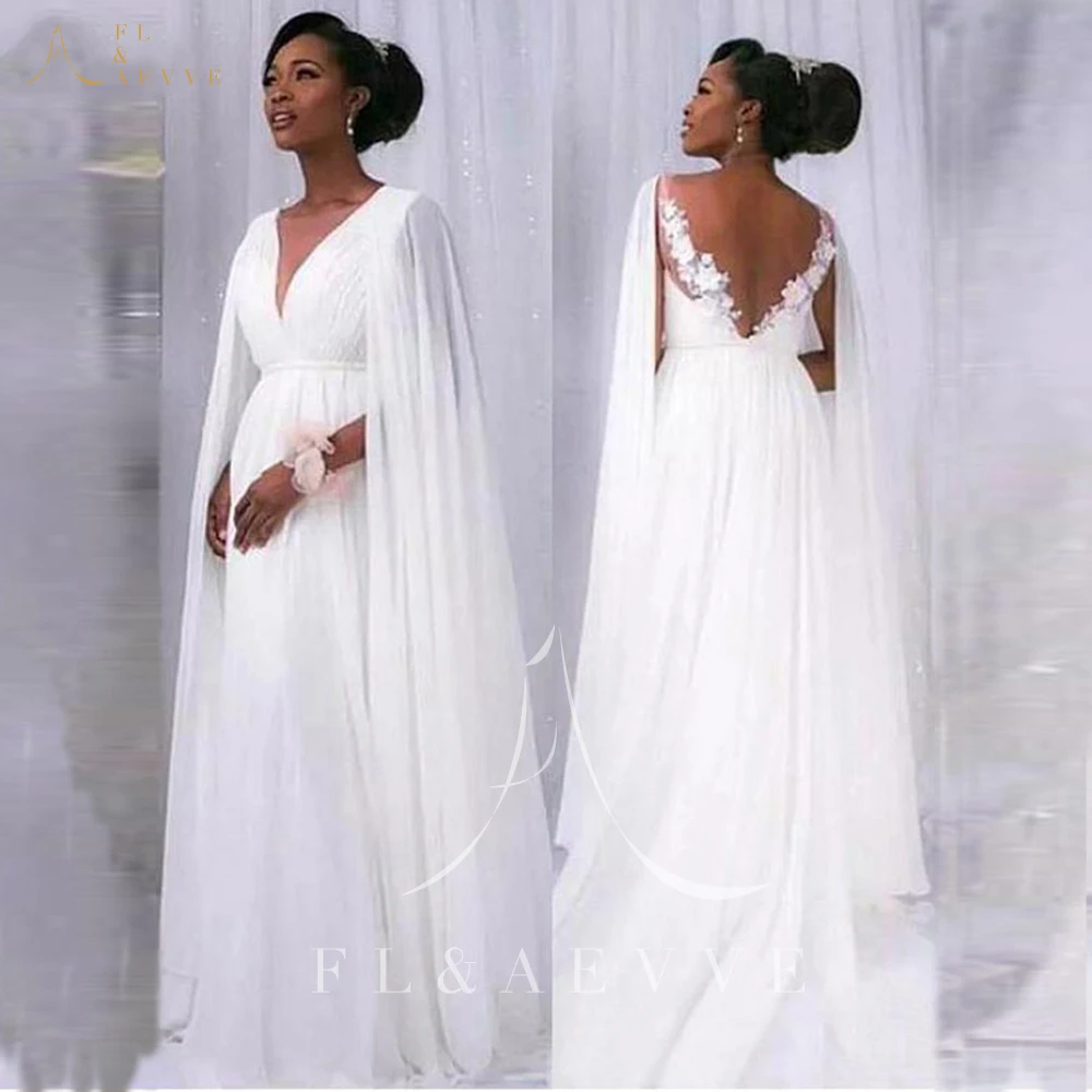 

Classic White Chiffon Deep V-neck Wedding Dresses for African Women Formal Dress Appliques A-Line Vestido de Novia Plus Size