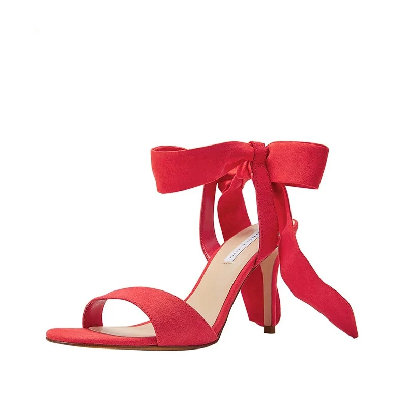 

2021 new open toe women's shoes small one line suede bow tie High Heel Sandals