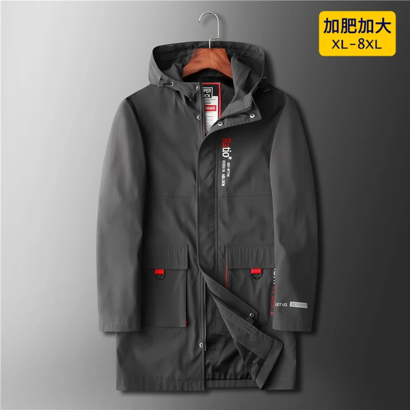 

4XL 5XL 6XL 7XL 8XL men's long trench coat 2020 autumn winter brand clothing letter printing fashion hooded jacket