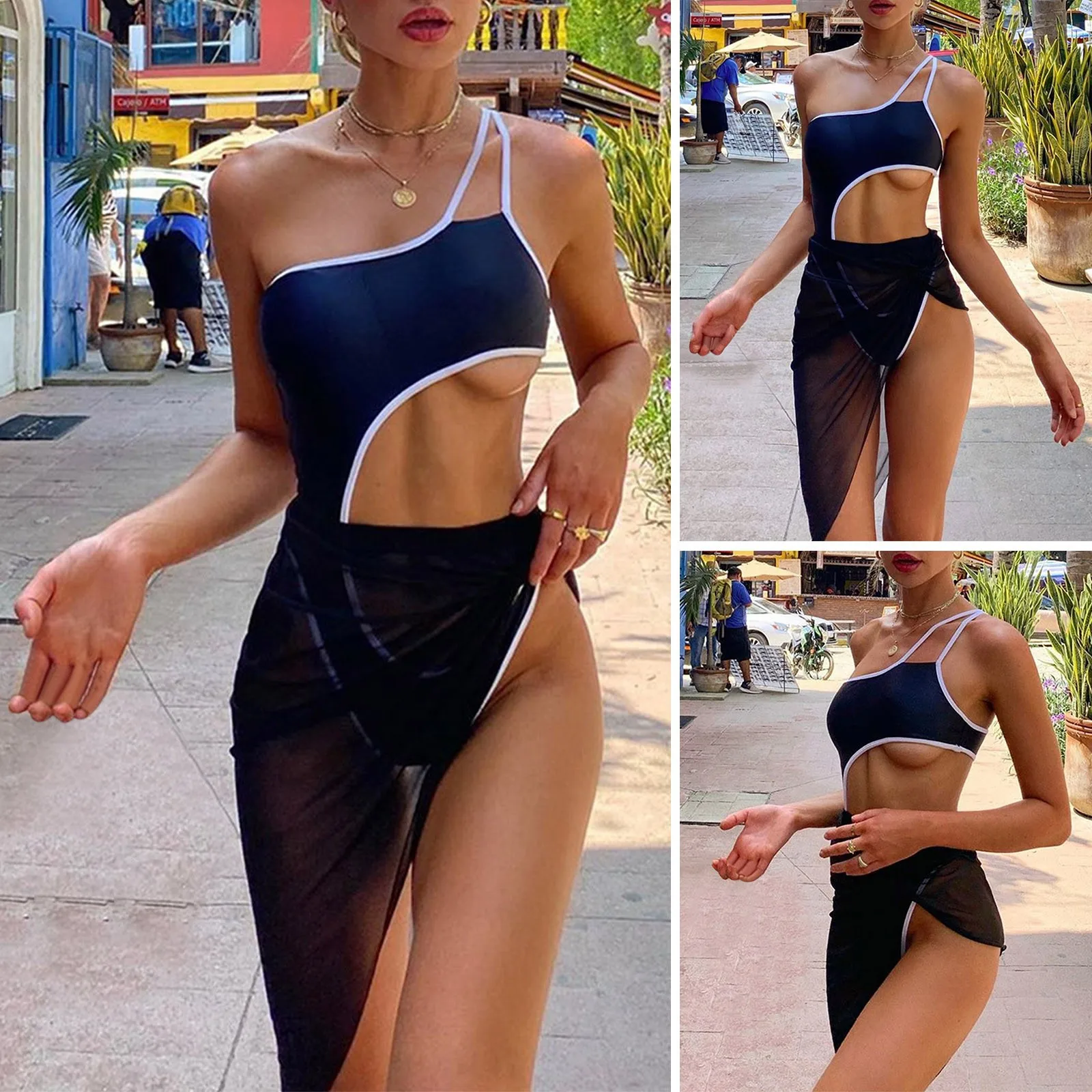 

2021Summer Women Sexy Solid Color Swimsuit Fashion One Piece Bikini Mesh Swimwear Set Black Swimming Beachwear For Bathing Suit