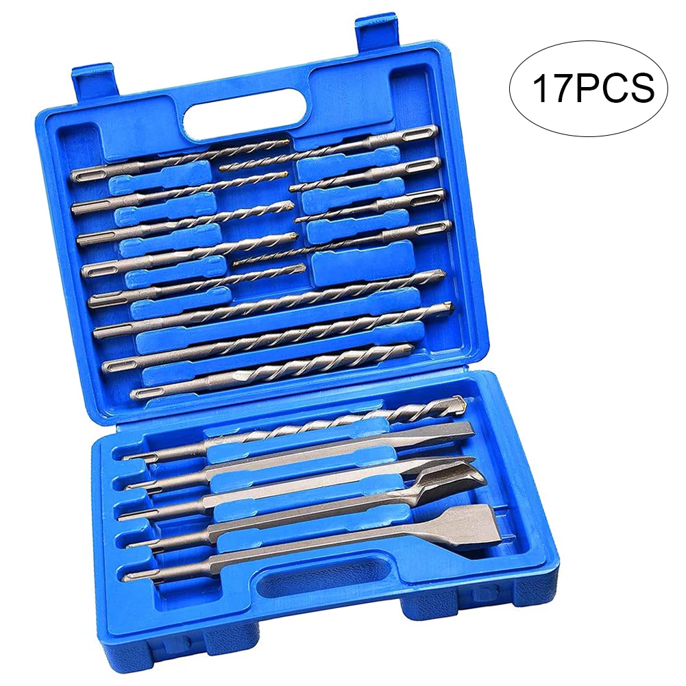 

17PCS Masonry Drill Bit Set Hammer Chisel Rotary Round Shank Screwdriver for Concrete and Brick with Blue Storage Case