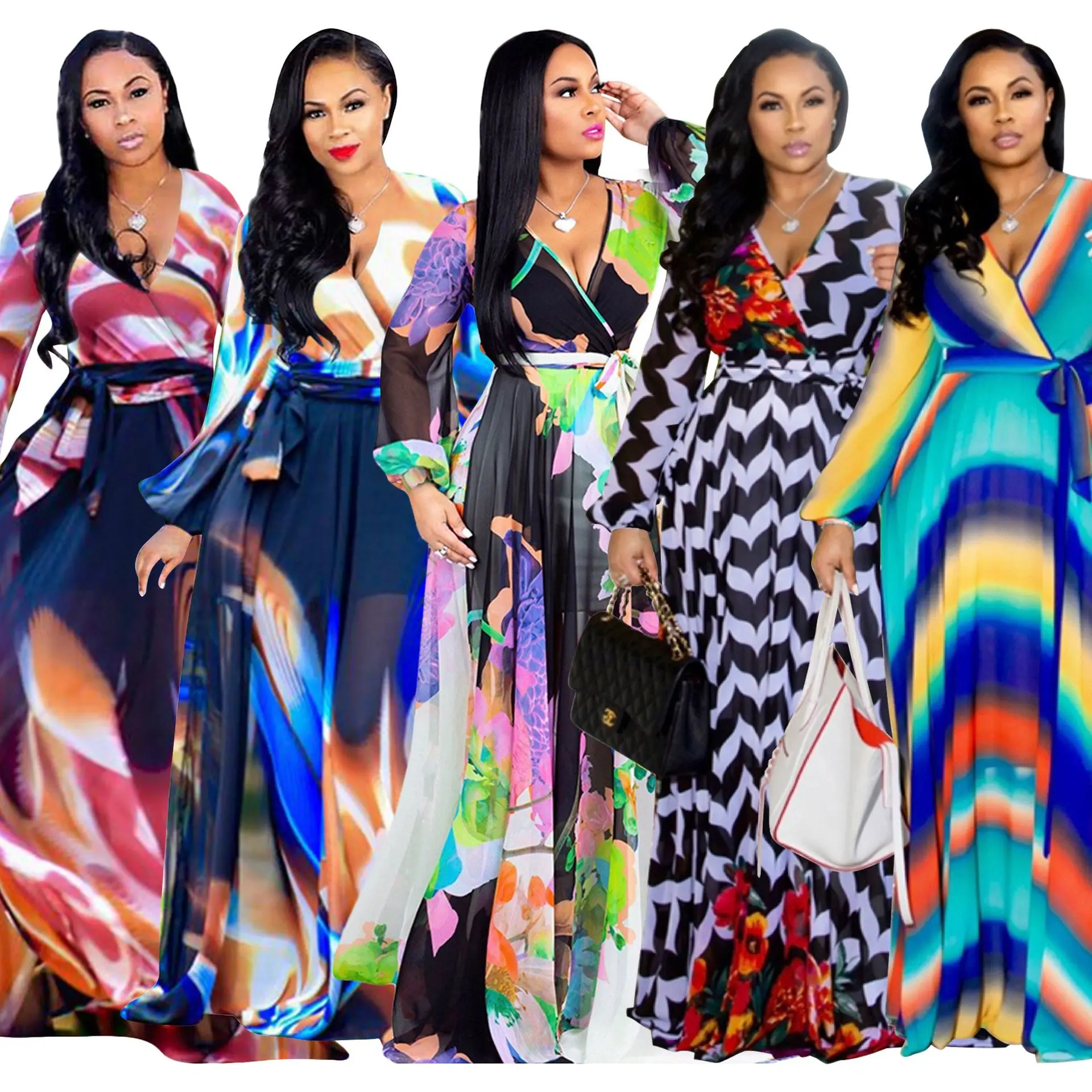 

Chiffon Long Skirt Printing Fashion Maxi Dress Women Clothing V-neck Casual Long Sleeve Outfit for Female Drop Shipping