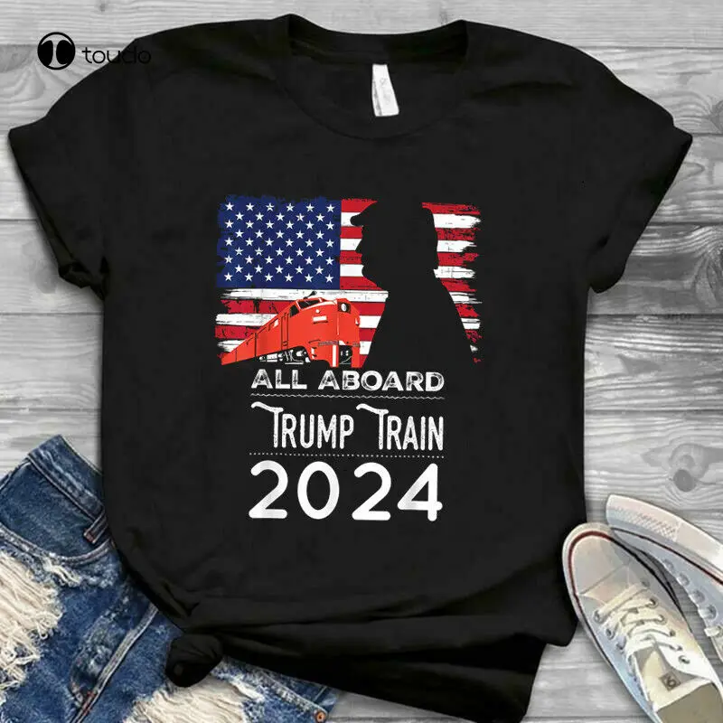 

All Aboard Trump Train 2024 American Flag Unisex T Shirt S-5XL Black men's big & tall t-shirts