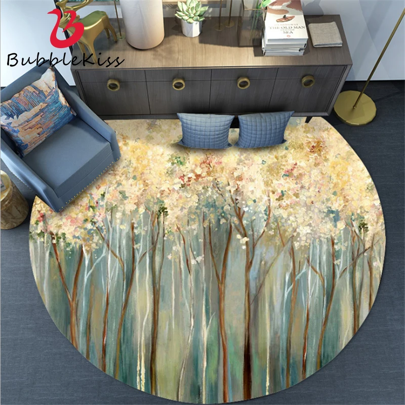 2020 New Fashion Round Rugs Bedroom Decor Greenwood Flower Oil Painting Carpets For Living Room Floor Mats Baby Crawling | Дом и сад