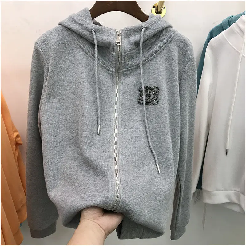 

2020 Spring and Autumn New Sweater Zip-up Jacket Women Hot Drilling Loose Casual Hooded Baseball Uniform Fashion