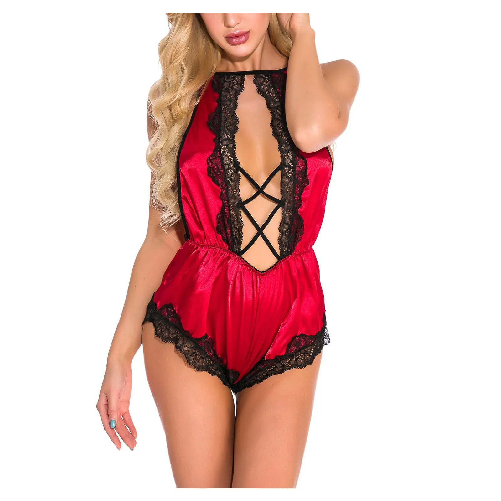 

Women Onesies Satin Lace Trim Spaghetti Strap Nightie Sexy Backless Bodysuits Deep V-neck Halter Pajama Set Sleepwear New #J3