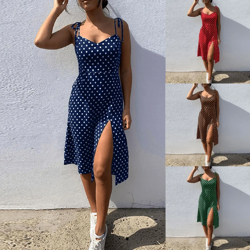 

66# Dresses Summer Women Causal Sundress Polka Dot Sleeveless High Pleated Elastic Waist V-neck Beach Dress Vestidos De Verano