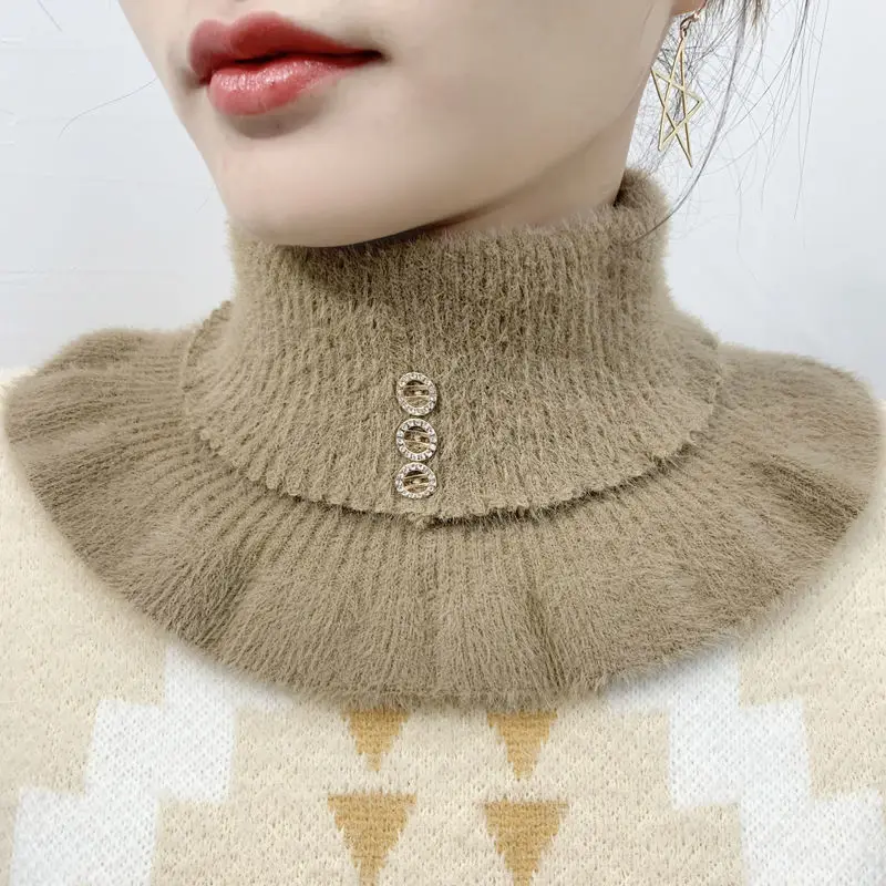 

Fake Collar Neck Guard Fall/Winter Women's High-neck Thicker More Versatile Collar Pure Color High-stretch Knit Ruffle Bib