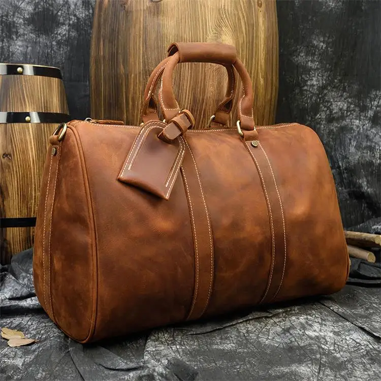 New Light Brown 45cm Очень большая дорожная сумка crazy horse из натуральной кожи, Мужская вместительная сумка из натуральной кожи на плечо, сумка для багажа на выходные, мужская сумка - Цвет: New Light Brown 45cm