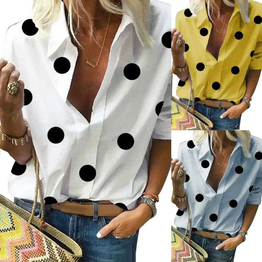 

Spring Summer Women Dots Print Blouse Shirt Female Tops Long Sleeve Casual Turn-down Collar OL Style Women Loose Blouses