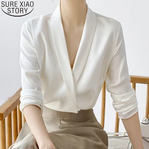 Новая Осенняя белая блузка с длинным рукавом Топы женские рубашки Офисная женская шифоновая блузка с V-образным вырезом Модные женские блузки 2022 одежда 17798