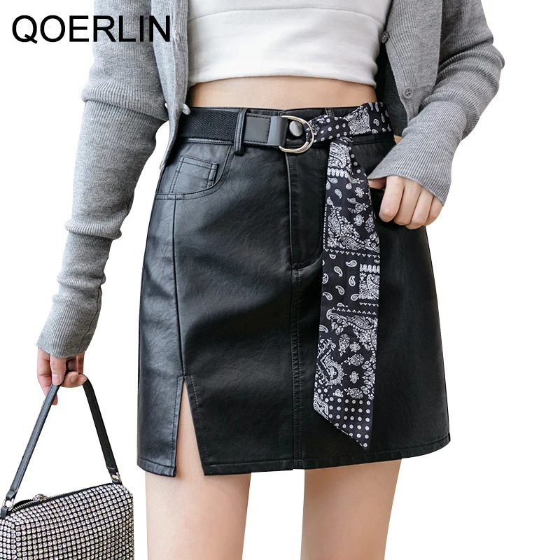 

QOERLIN with Belted PU Leather Skirts Womens Plus Size High Waist Black Side Split A-Line Shorts Skirt Female Mini Skirts Korean