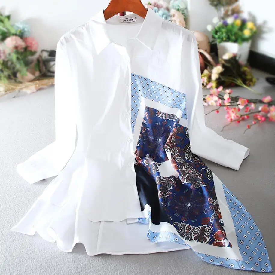 Temperament stitching contrast color blouse women square collar retro printing loose casual shirt | Женская одежда