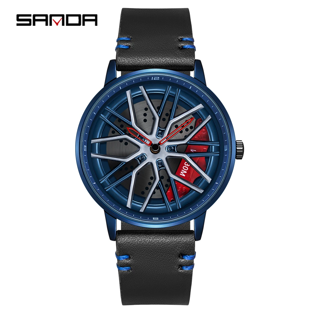 Sanda Black Leather Strap Watch for Men 2022 New Vintage Brand Luxury Sport Military Car Wheel Quartz Watch Steel Case Man Clock