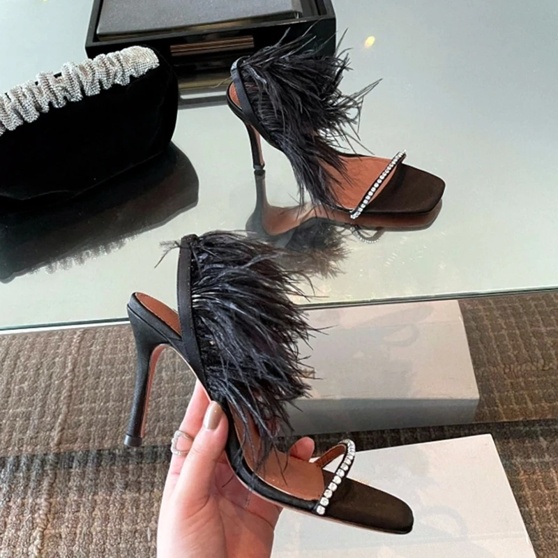 

Square Toe Black Summer Sandals Crystal Strap High Heels Women Sandalias Femmes Feather Rhinestone Prom Party Pumps Chaussure