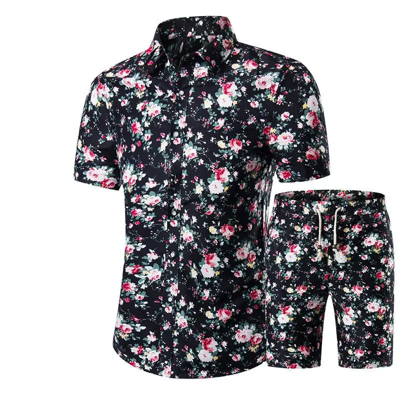 

Summer Men Sets 2018 New Print Floral Short Sleeve Shirts Sets Fashion Casual Fit Slim Turn-down Collar Men Suits