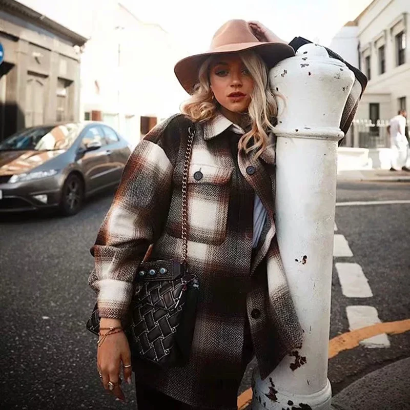 

Elegant Girls Oversize Jacket Chic Vintage Women 2020 Long Sleeve Woolen Coats Fashion Ladies Thick Plaid Coat Female Streetwear
