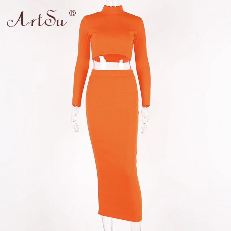 ArtSu Two Piece Set Turtleneck Long Sleeve Knitted Crop Top And Skirt Matching Sets Women Autumn Winter Club Party Outfits |
