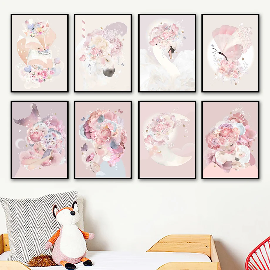 Настенная картина розовая Луна лиса лошадь Лебедь бабочка девушка цветок