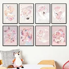 Настенная картина розовая Луна лиса лошадь Лебедь бабочка девушка цветок Картина на холсте скандинавские плакаты и принты настенные картины декор для детской комнаты