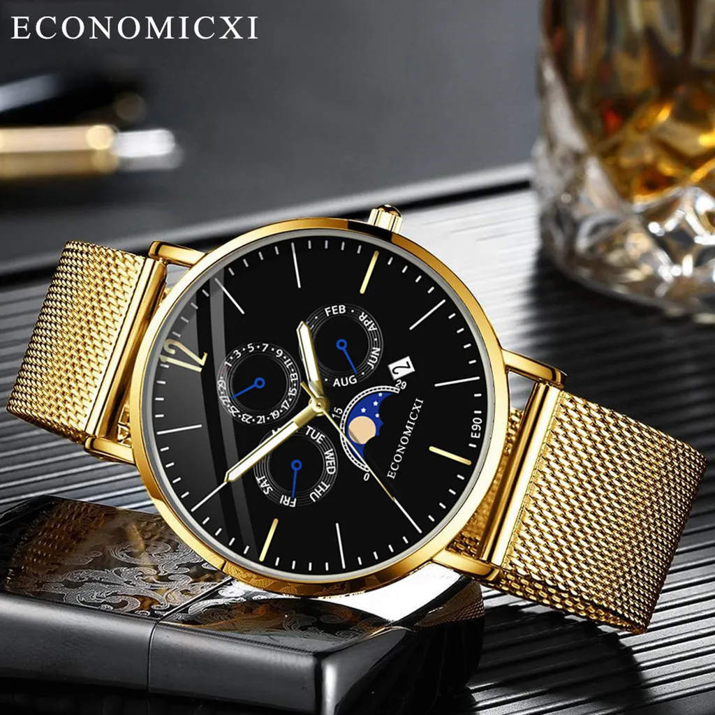 Мужские и женские 2019 новые модные повседневные часы роскошные золотые стальные