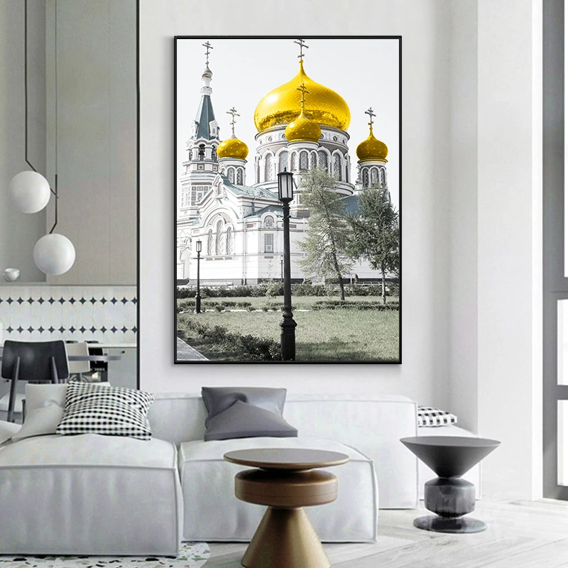 

Yellow Castle Wall Art Paintings on Canvas Landscape Posters Black White Modular Canvas Painting for Living Room Home Decor