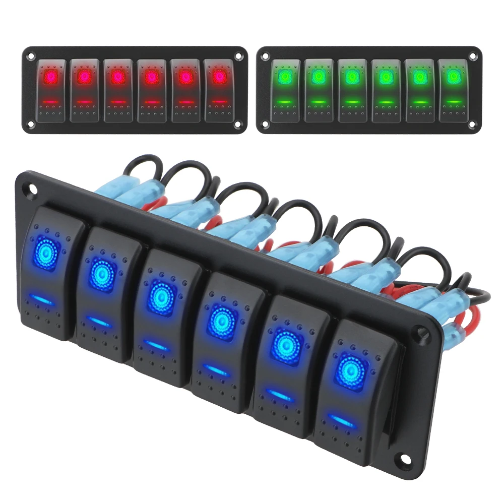 12/24V 6 Gang LED Toggle Switch Panel Waterproof ON-OFF Rocker Switch Panel Double Light Switch for Marine Boat Caravan RV