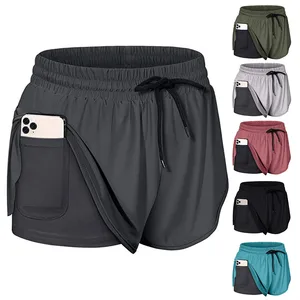 Шорты женские быстросохнущие с высокой талией, спортивные, для занятий йогой, бега, двухслойные, для фитнеса, тренировок, с карманом для телефона