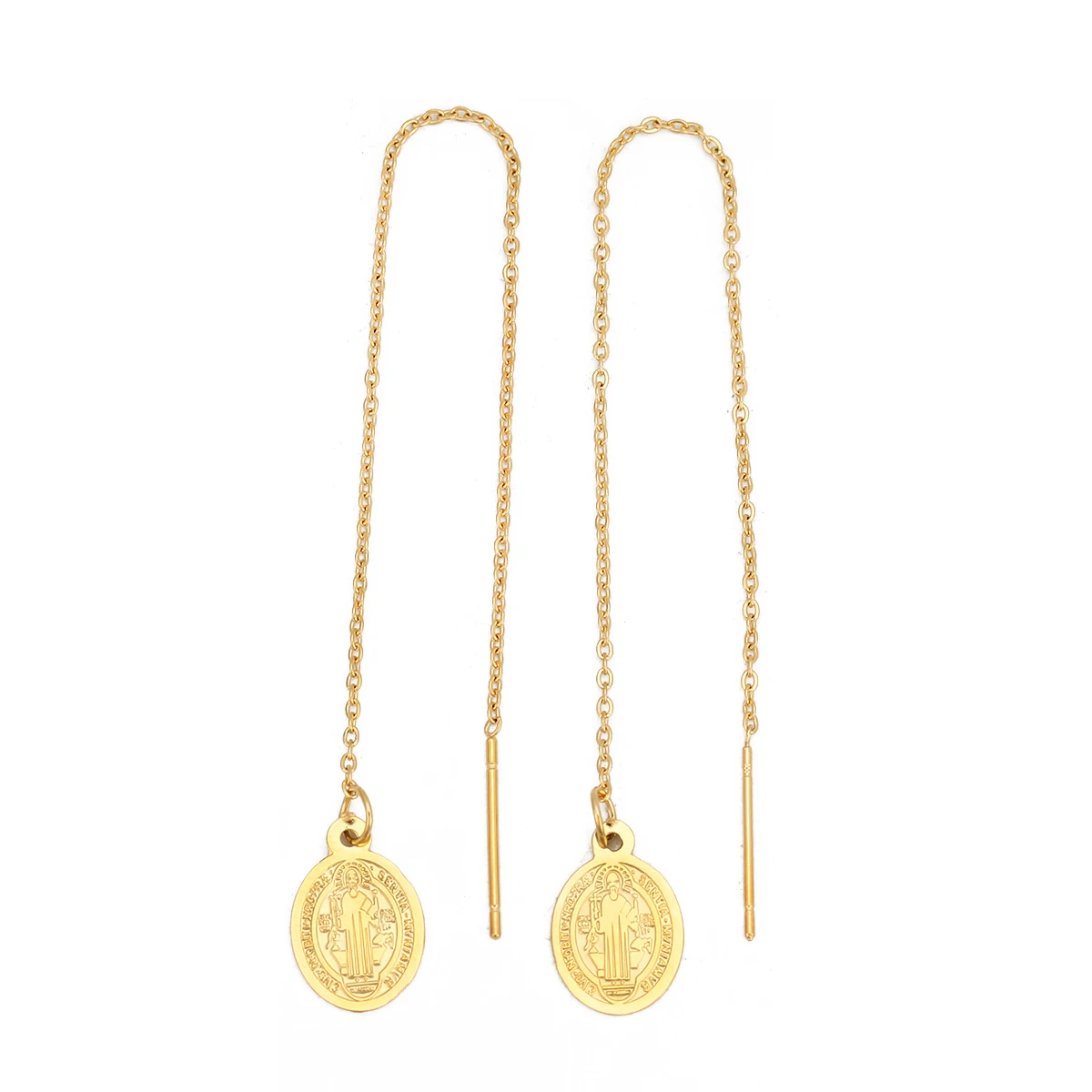 

2 PCs 304 Stainless Steel Gold Color Oval Jesus Ear Thread Threader Earrings13cm long Gift For Women&GIrl Lover