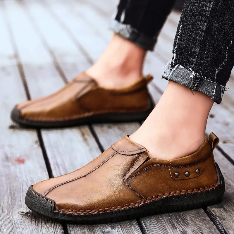 Men Casual Shoes Handmade sewing genuine Leather Loafers Outdoor Men's Quality lace up Flat Moccasins Sneakers | Обувь