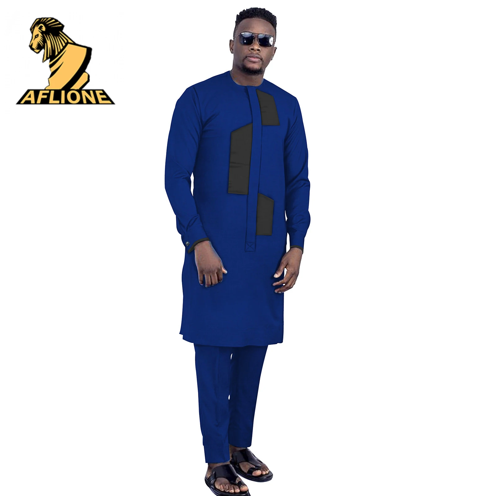 African Clothes For Men Robe Dashiki Long Sleeve Bicolor Style Crew Neck Personality Fashion Casual Two Piece Set Men Rich Bazin