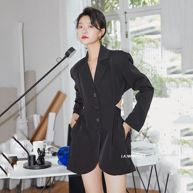 

Spring Blue Blazer Jacket 2021 Autumn Fashion Tunic Hollow Out Long Sleeve Open Back Slim Ladies Blazer Coat Black