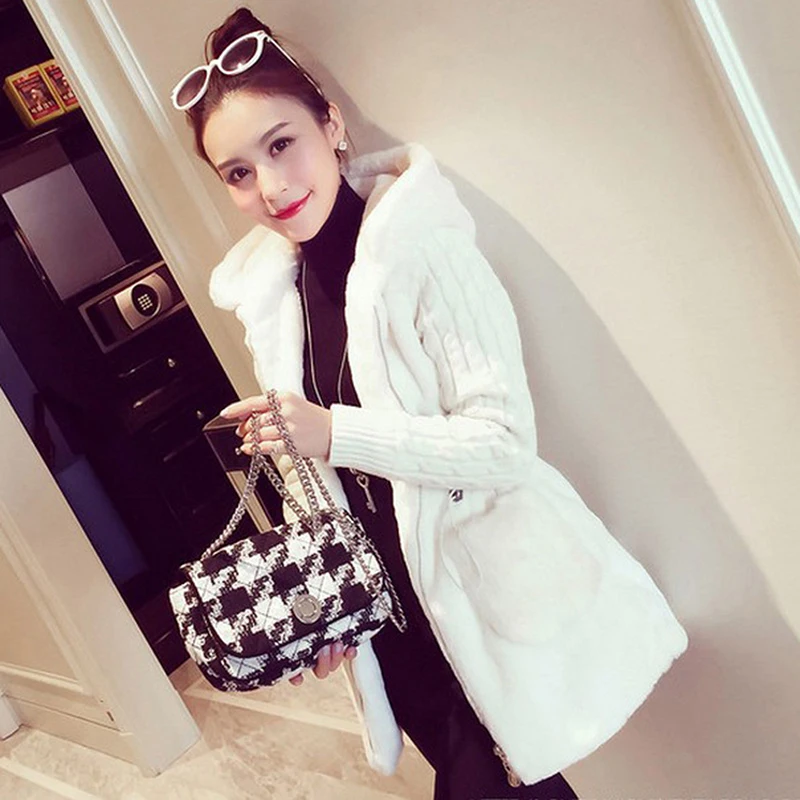 

Women Hooded Winter Warm Jacket Loose Knitted Plush Jacket Winter Thick Outerwear Coat Ladies Casual Coats Pocket