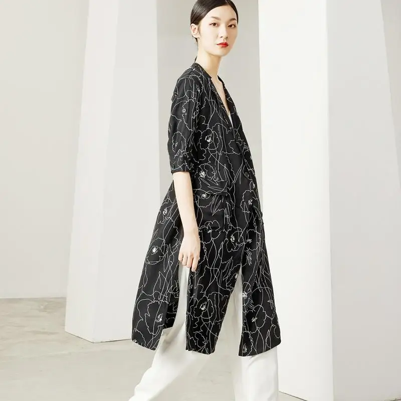 

line Original design print duo suit collar black split long windbreaker coat 2021 spring new women's wear