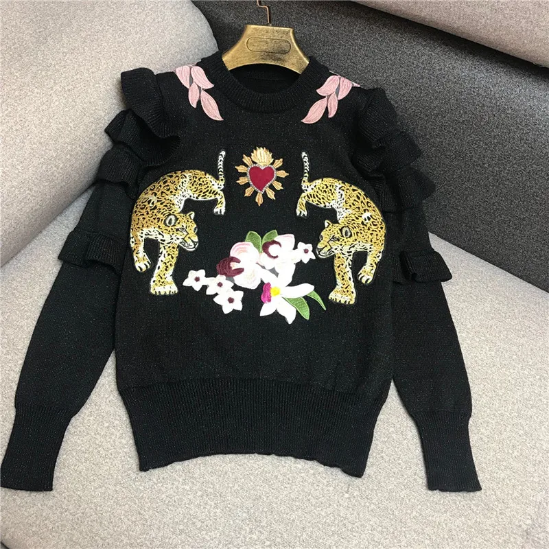 

Runway Designers Tops 2020 Vintage Animal Floral Embroidery Woman Sweater Winter Elegant Ruffles Long Sleeve pull femme hiver