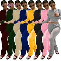 women workout two piece set casual solid long sleeve crop tops t shirt leggings stacked sweatpants suit outfit joggers tracksuit